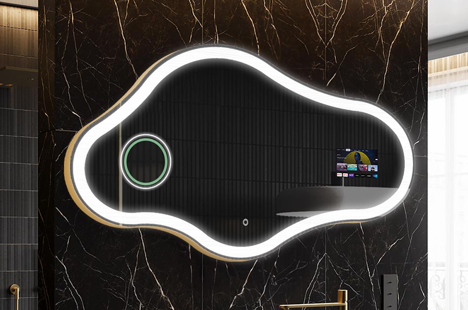 Oregelbundet LED-spegel med väderdisplay och pekskärm | ARTFORMA