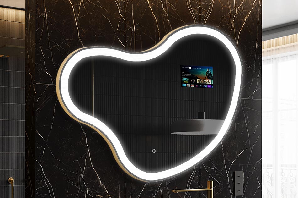 Oregelbundet LED-spegel med väderdisplay och pekskärm | ARTFORMA