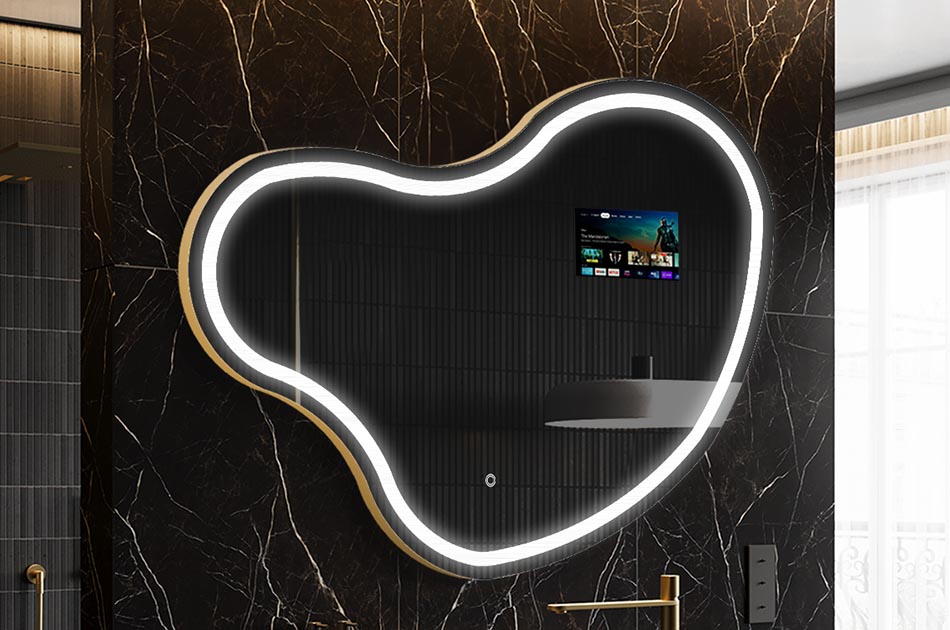 Oregelbundet LED-spegel med väderdisplay och pekskärm | ARTFORMA