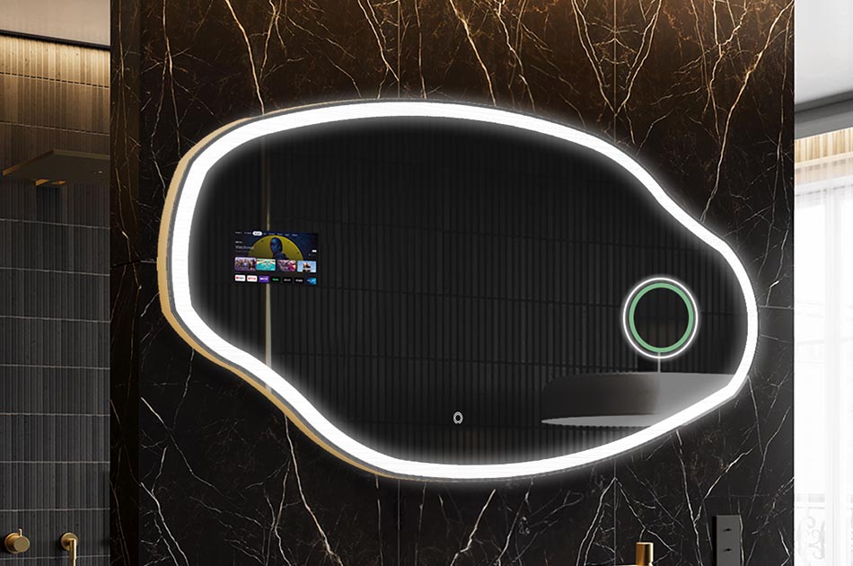 Oregelbundet LED-spegel med väderdisplay och pekskärm | ARTFORMA