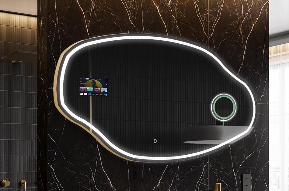 Oregelbundet LED-spegel med väderdisplay och pekskärm | ARTFORMA