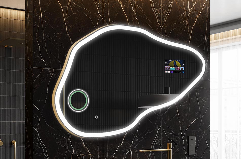 Oregelbundet LED-spegel med väderdisplay och pekskärm | ARTFORMA