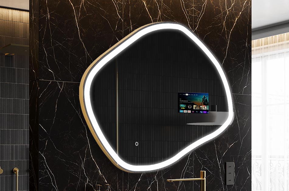 Oregelbundet LED-spegel med väderdisplay och pekskärm | ARTFORMA