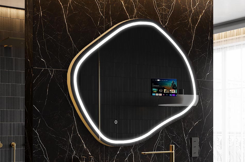 Oregelbundet LED-spegel med väderdisplay och pekskärm | ARTFORMA
