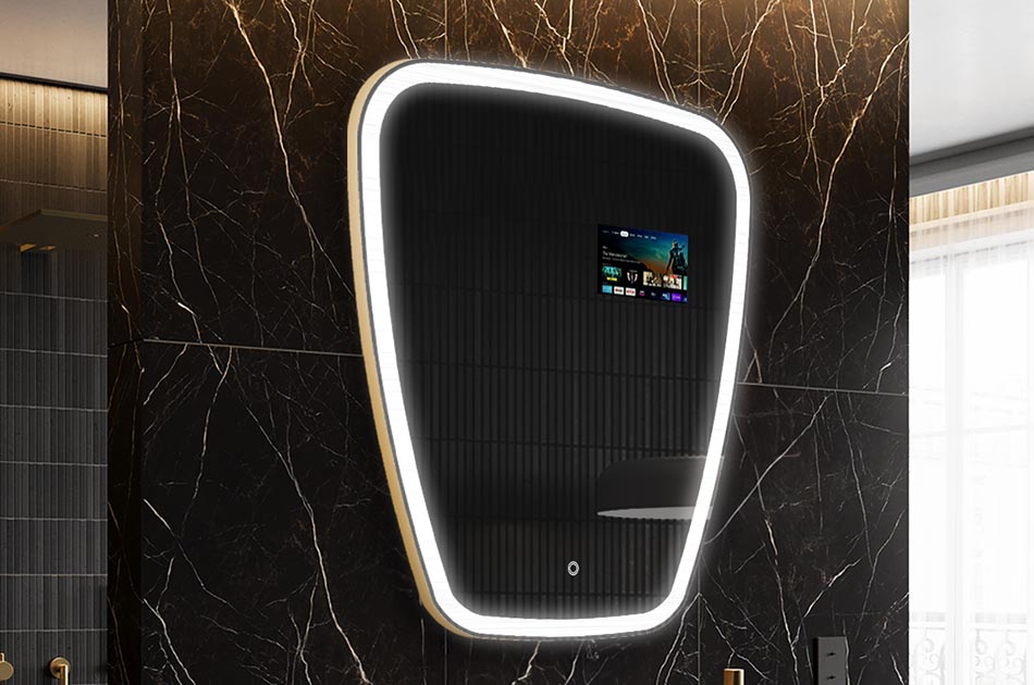 Oregelbundet LED-spegel med väderdisplay och pekskärm | ARTFORMA