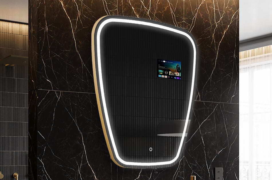 Oregelbundet LED-spegel med väderdisplay och pekskärm | ARTFORMA