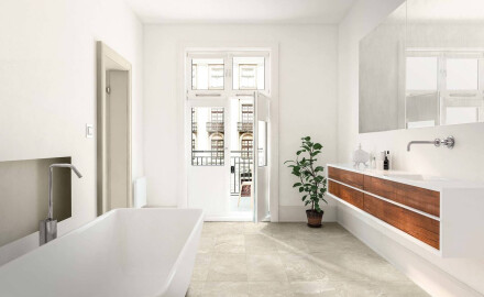 Gres för golv, 60x120, ljusgrå med en varm beige nyans och ådring, matt, A4H140 Ermetica Bianco