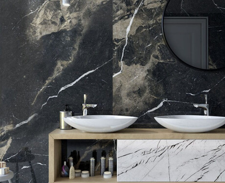 Storformatsplatta i gres, 120x270 cm, matt svart med guldådring, rektifierad, A4H196 Pierre Black