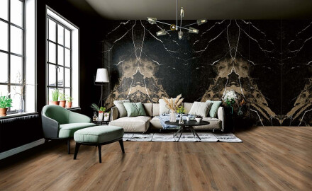 Storformatsgresplatta för golv, 120x280 cm, Bookmatch, svart, glansig, med guldådring, rektifierad, A4H203 Pierre Black