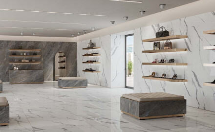 Glaserad golvplatta 120x120, blank yta med grå ådring, rektifierad A4H454 Statuario Superiore