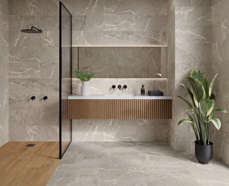 Stenliknande keramikplattor med ådring för golv, 100x100, matt, grå A4H506 Volterra Grey