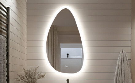 Oregelbundet spegel med belysning, 64×104 cm, tvåfärgad, touch‑strömbrytare, värmematta