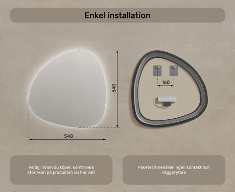 LED Badrumsspegel med oregelbunden form 54x54cm med kallt LED-ljus 7000K, varmt ljus 3000K eller neutralt ljus 4500K #7