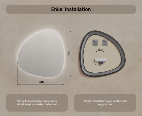 LED Badrumsspegel med oregelbunden form 74x74cm med kallt LED-ljus 7000K, varmt ljus 3000K eller neutralt ljus 4500K #7