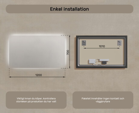Badrumsspegel med LED-belysning Spegel 120x70cm med kallt LED-ljus 7000K, varmt ljus 3000K eller neutralt ljus 4500K #7