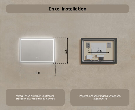 Badrumsspegel med LED-belysning Spegel 70x50cm med Dual color, Touch-brytare, Värmemattor - L49 #8