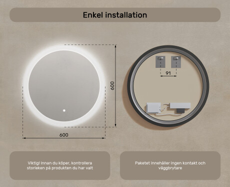 Rundt LED-upplyst badrumsspegel 60 cm med Dual color, Touch-brytare #7