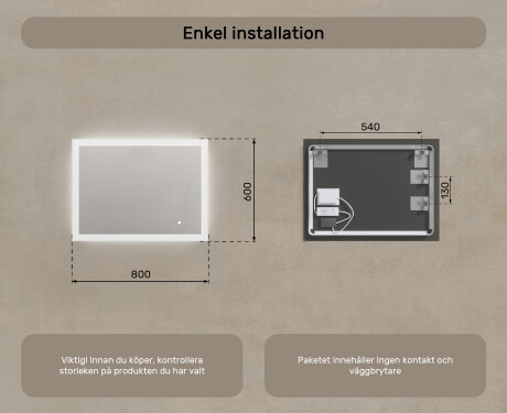 Rektangulärt badrumsspegel med LED-belysning 80x60 cm med Dual color, Touch-brytare #7