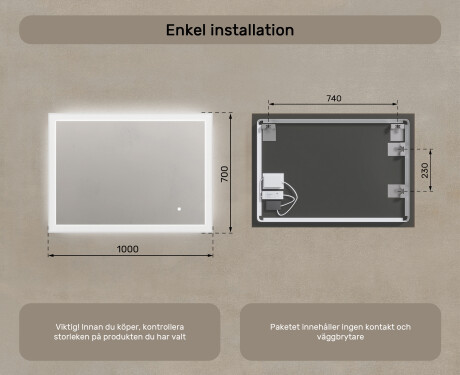 Rektangulärt LED-upplyst badrumsspegel 100x70 cm med Dual color, Touch-brytare #7
