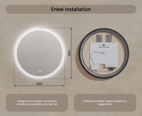 Rundt badrumsspegel med LED-belysning 80 cm med Dual color, Touch-brytare, Värmemattor #8