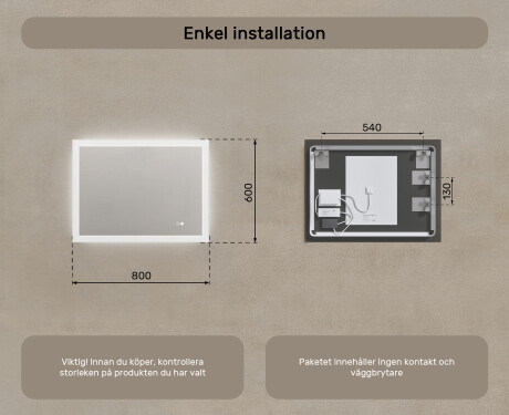 Rektangulärt LED-badrumsspegel 80x60 cm med Dual color, Touch-brytare, Värmemattor #8