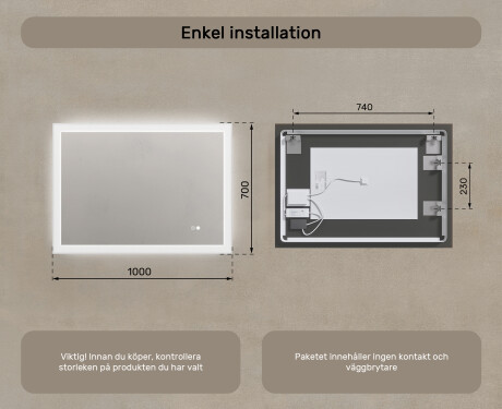 Rektangulärt badrumsspegel med LED-belysning 100x70 cm med Dual color, Touch-brytare, Värmemattor #8