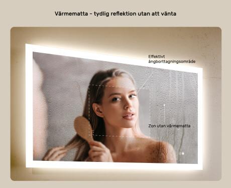 Rektangulärt LED-upplyst badrumsspegel 120x70 cm med Dual color, Touch-brytare, Värmemattor #5