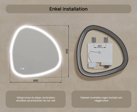 Oregelbundet spegel med belysning, 84×84 cm, tvåfärgad, touch‑strömbrytare, värmematta #8