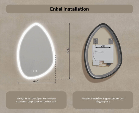 Oregelbundet spegel med belysning, 64×94 cm, tvåfärgad, touch‑strömbrytare, värmematta #8