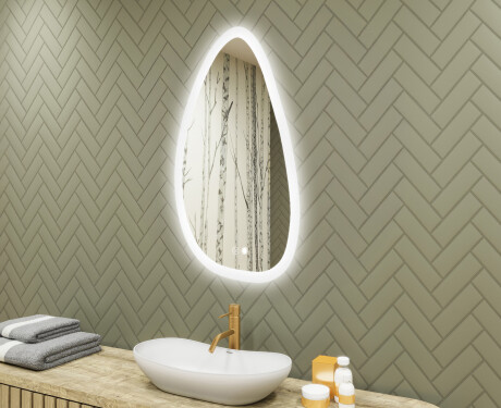Oregelbundet spegel med belysning, 64×104 cm, tvåfärgad, touch‑strömbrytare, värmematta