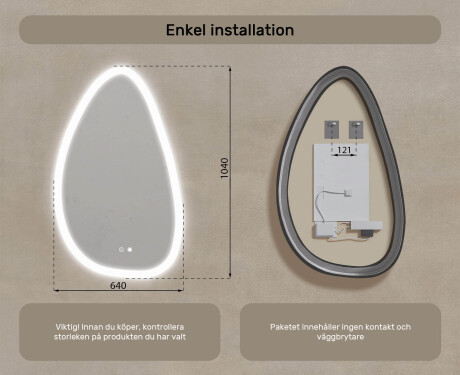 Oregelbundet spegel med belysning, 64×104 cm, tvåfärgad, touch‑strömbrytare, värmematta #8