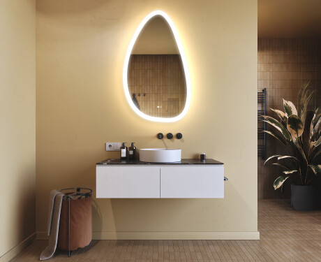 Oregelbundet spegel med belysning, 64×104 cm, tvåfärgad, touch‑strömbrytare, värmematta #9