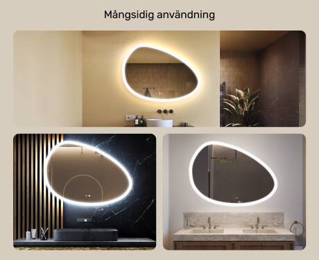 Oregelbundet spegel med belysning, 114×84 cm, tvåfärgad, touch‑strömbrytare, värmematta #2