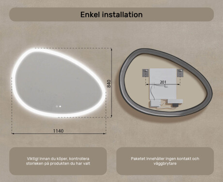 Oregelbundet spegel med belysning, 114×84 cm, tvåfärgad, touch‑strömbrytare, värmematta #8