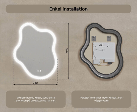 Oregelbundet spegel med belysning, 74×94 cm, tvåfärgad, touch‑strömbrytare, värmematta #8