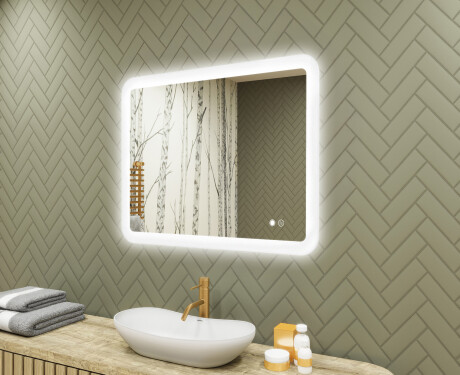 Avrundat badrumsspegel med LED-belysning, 80×60 cm, tvåfärgad, touch‑strömbrytare, värmematta