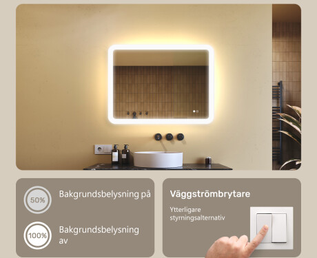 Avrundat badrumsspegel med LED-belysning, 80×60 cm, tvåfärgad, touch‑strömbrytare, värmematta #4