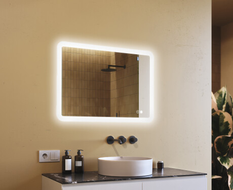 Avrundat badrumsspegel med LED‑belysning, 100×70 cm, tvåfärgad, touch‑strömbrytare, värmematta