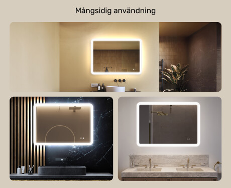 Avrundat badrumsspegel med LED‑belysning, 100×70 cm, tvåfärgad, touch‑strömbrytare, värmematta #2