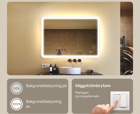 Avrundat badrumsspegel med LED‑belysning, 100×70 cm, tvåfärgad, touch‑strömbrytare, värmematta #4