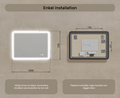 Avrundat badrumsspegel med LED‑belysning, 100×70 cm, tvåfärgad, touch‑strömbrytare, värmematta #8
