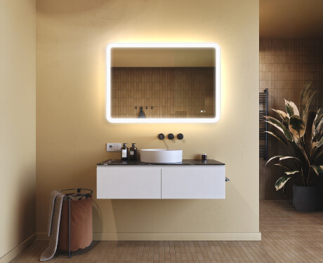 Avrundat badrumsspegel med LED‑belysning, 100×70 cm, tvåfärgad, touch‑strömbrytare, värmematta #9