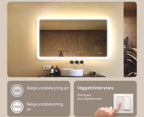 Avrundat badrumsspegel med LED‑belysning, 120×70 cm, tvåfärgad, touch‑strömbrytare, värmematta #4
