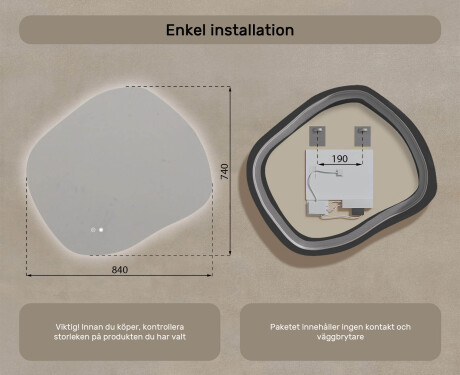 Badrumsspegel med belysning, 84×74 cm, tvåfärgad, touch‑strömbrytare, värmematta #8