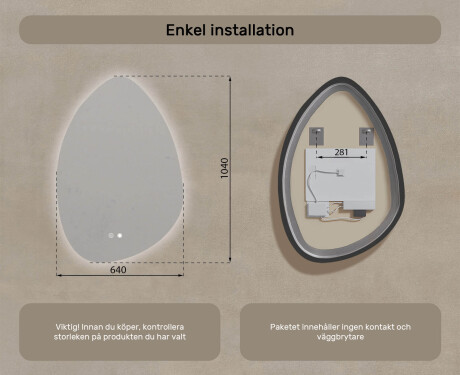 Oregelbundet spegel med belysning, 64×94 cm, tvåfärgad, touch‑strömbrytare, värmematta #8
