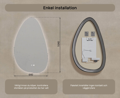 Oregelbundet spegel med belysning, 64×104 cm, tvåfärgad, touch‑strömbrytare, värmematta #8