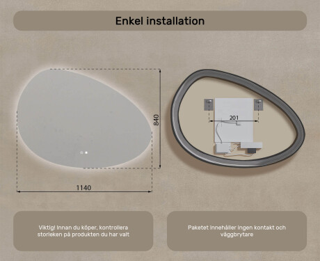 Oregelbundet spegel med belysning, 114×84 cm, tvåfärgad, touch‑strömbrytare, värmematta #8
