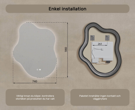 Oregelbundet spegel med belysning, 74×94 cm, tvåfärgad, touch‑strömbrytare, värmematta #8