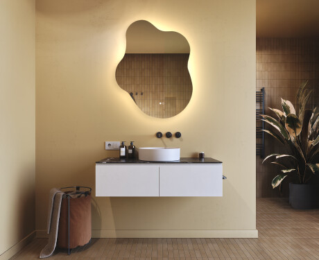 Oregelbundet spegel med belysning, 74×94 cm, tvåfärgad, touch‑strömbrytare, värmematta #9