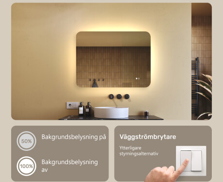 Avrundat badrumsspegel med LED-belysning, 80×60 cm, tvåfärgad, touch‑strömbrytare, värmematta #4